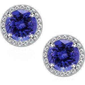 December 18k White Gold Tanzanite Birthstone Diamond Halo Stud Earrings S925 Gem